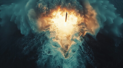 Spectacular aerial view of missile launch over dramatic ocean waves amidst smoke and fire, showcasing power and technology advancement