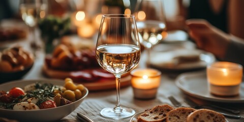 Glass of red wine with rose petals and lit candles on a table. Ideal for romantic dinner promotions or storytelling concepts.