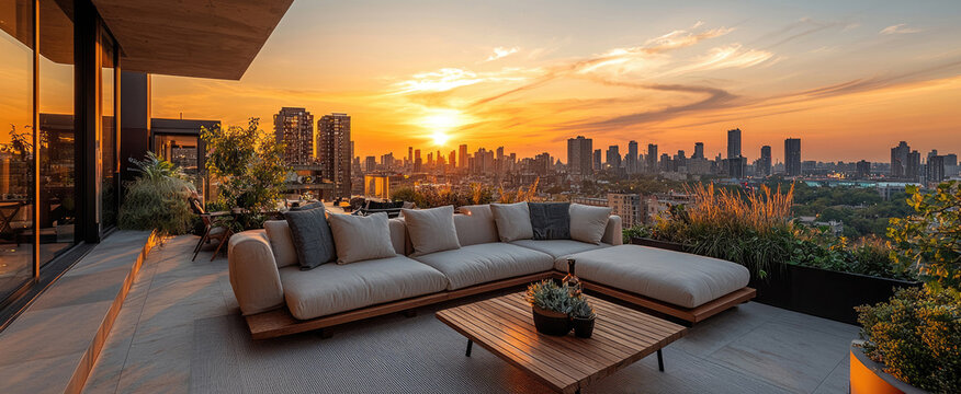 Modern rooftop terrace with comfortable sofa overlooking city skyline at sunset