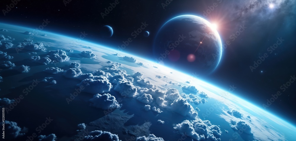 Poster outer space view of earth with glowing sunrise. clouds, planet visible. multiple planets celestial b