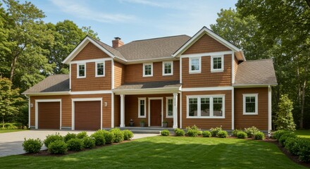 The timeless beauty of brown siding and white trim in a classic home exterior design.