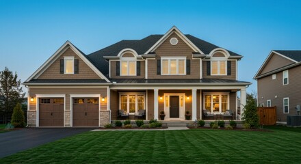 A modern home exterior with brown tones and white details, reflecting traditional design elegance.