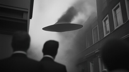 Mysterious ufo crash scene with smoking alien craft in urban setting