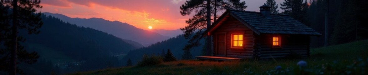 Obraz premium Softly lit window in a small wooden cottage at twilight, warm, soft, natural