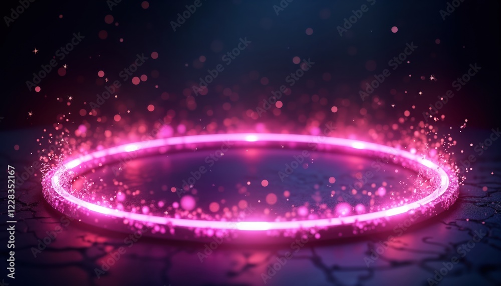Leinwandbilder glowing neon purple ring on dark background. dynamic energy effects, sparks surround circular frame.