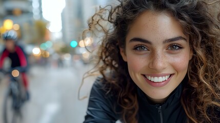 Fototapeta premium Young Mediterranean woman with curly hair and bright smile outdoors in urban setting, wearing black jacket. Natural lifestyle portrait with blurred city background.