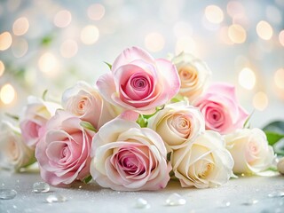 Soft Pastel Valentine's Day Roses on White Background - Romantic Floral Design Stock Photo