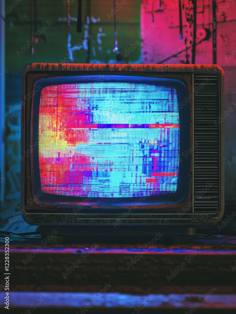 Poster retro television screen displaying colorful glitch patterns and static noise in an urban setting. ge