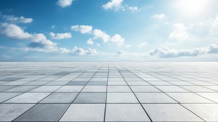 Stock: Warehouse space with a concrete flooring, ready for car parking. A 3D image of a simple white building set against a clear blue sky