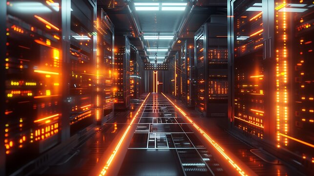 A high-tech AI server room with glowing servers and cooling systems. - Powered by Adobe