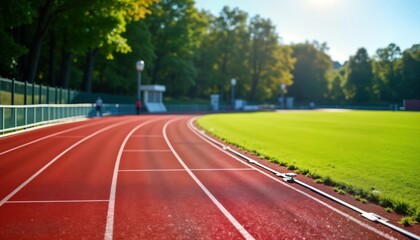 Outdoor running track in stadium. Sunny day. People seen training on track. Green grass field beside red track. Ideal photo for sport stock. Fitness motivation. Active lifestyle.