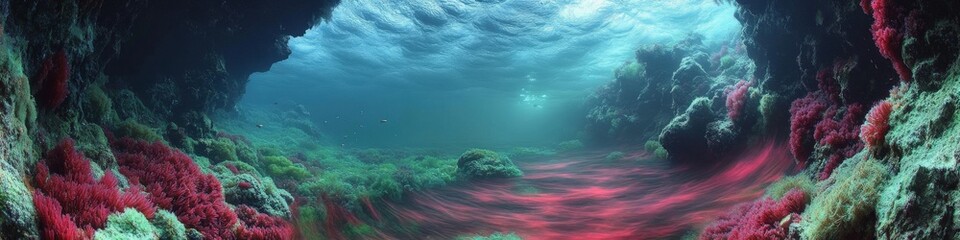 Obraz premium Mesmerizing Underwater Cave with Vibrant Red Coral Reefs and Crystal Clear Turquoise Water Creating a Stunning Marine Landscape and Biodiversity Wonderland
