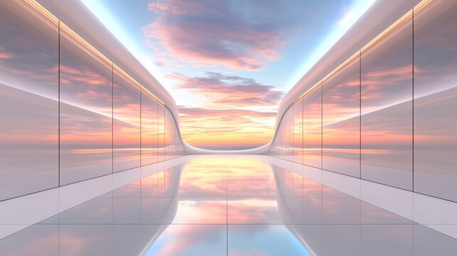 A modern contemporary building with a futuristic corridor featuring glass walls, illuminated in cinematic lighting, symbolizing future innovations and cutting-edge technology, embodied in