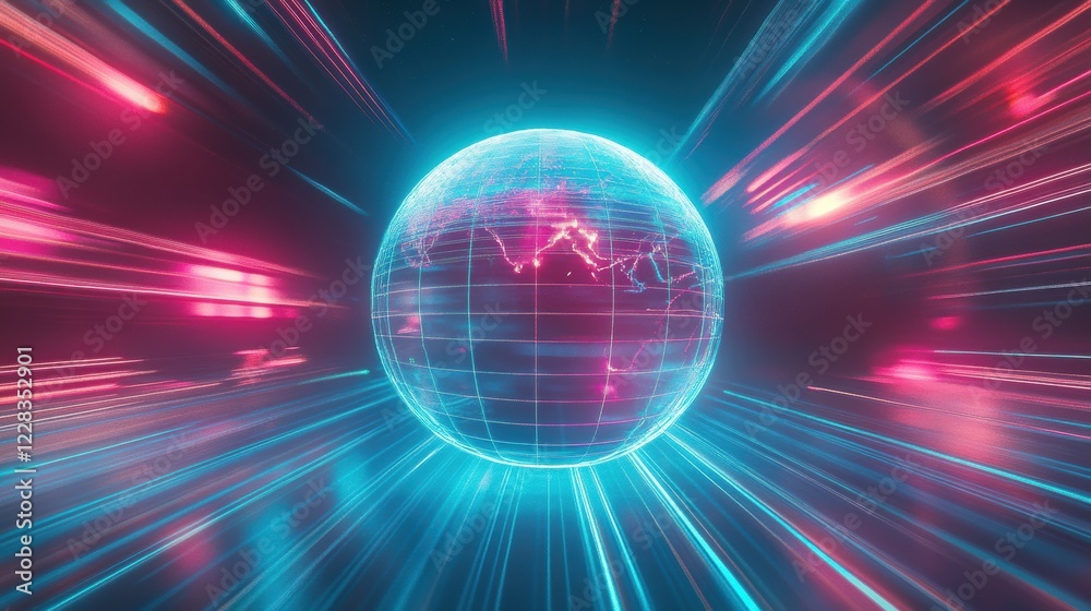Poster globe spins with glowing contour lines showcasing global geography in a vibrant digital landscape. g