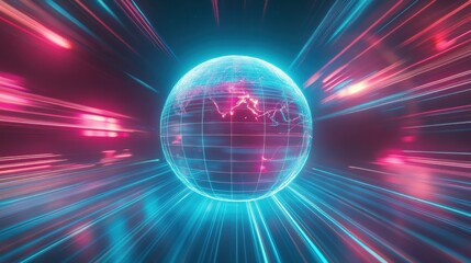 Globe spins with glowing contour lines showcasing global geography in a vibrant digital landscape. Generative AI