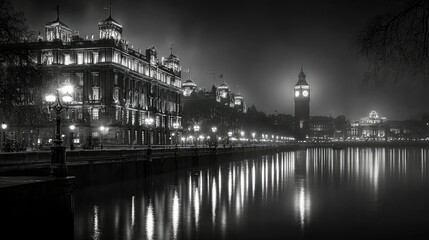 Obraz premium London Cityscape at Night Featuring Big Ben and Illuminated Buildings