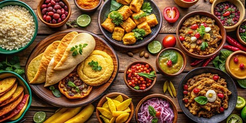 Fototapeta premium South American Cuisine Macro Flat Lay: Arepas, Empanadas, Ceviche, and More