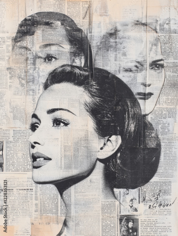 Aufkleber vintage newspaper clippings create a layered portrait of a woman with elegant features from a bygone