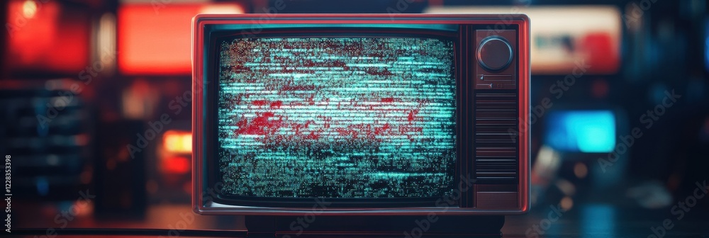 Poster Retro television screen displaying static noise and colorful glitch patterns in a dark, nostalgic room with ambient lights. Generative AI