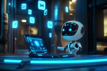 A 3D rendering of a humanoid robot using a laptop in an office during nighttime - Generated AI