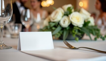 Elegant place card mockup at beautifully set wedding reception table. White place cards, table setting displayed. Floral arrangements, blurred guests in background add romantic ambiance.