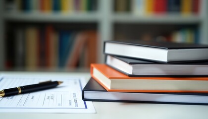 University advisor helps student with scholarship applications, financial aid. Books, pen on desk in office. Student receives personalized support, guidance. Planning future education, financial