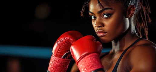 Female boxer, fierce gaze, boxing gloves, ring background, fitness