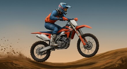 Action-packed motocross rider soaring over sandy terrain at sunset