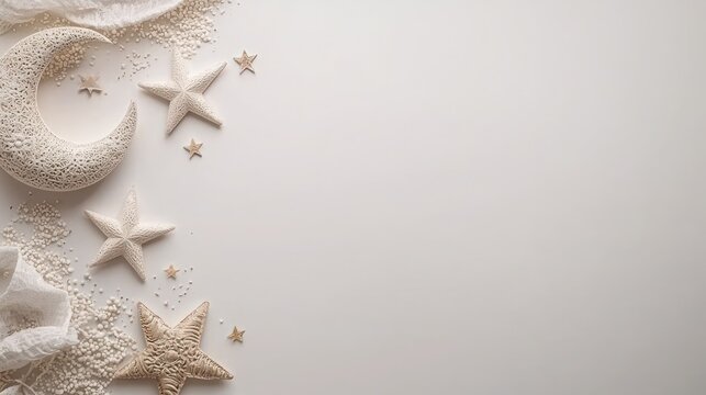 Crescent moon, stars, beads on white for baby announcement backdrop