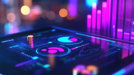 Financial data analysis on tablet, city night background