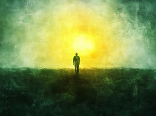 Fototapeta premium Ein einsamer Wanderer bewegt sich im Halbdunkel eines Feldes, umgeben von Nebel und einer seltsamen Lichtquelle