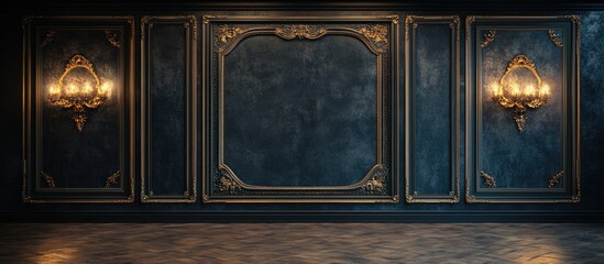 Opulent Dark Blue Room with Gold Accents and Wall Paneling