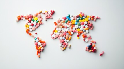 An abstract representation of a world map made of pills and medical instruments, set against a white background, Minimalist style