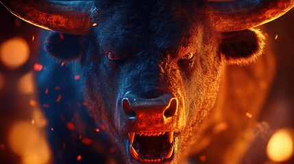 Fiery bull charging, dark background, sparks. Stock image for finance