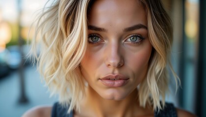 Fototapeta premium Close up of beautiful blond woman with short ombre bob hairstyle. Serious expression, lovely makeup. Eyes captivating, skin flawless. Photo suggests trendy haircuts, beauty, fashion. Fashionable