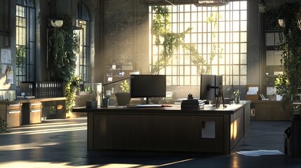 Sunshine pourings into a modern office filled with plants in an urban area, creating a comfortable workspace that promotes productivity and creativity