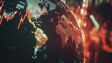 In the center of a bright blue sphere is a red line graph depicting the global market and business, set against a backdrop of hazy city lights