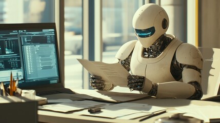 In an office setting, an AI Robot Accountant analyzes financial reports