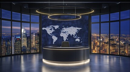 A 3D render showcasing a modern news studio space with a world map on a flat screen used for general news purposes