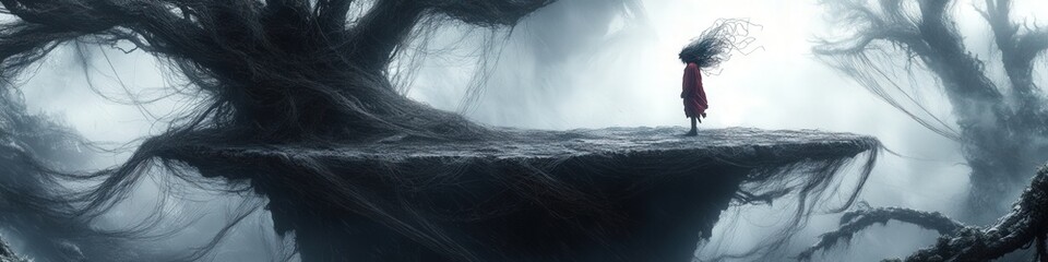 Obraz premium Enigmatic Fantasy Landscape with Mysterious Cloaked Figure and Ancient Trees on Misty Floating Island in Surreal Dreamlike Atmosphere