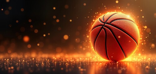 Amber glowing basketball on dynamic dark background. Futuristic sports theme with glowing motion, energy. Abstract digital art piece. Perfect for tech, sport design projects. Modern graphic