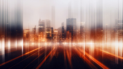 Fototapeta premium The city skyline glows with warm light as dusk settles in, showcasing tall buildings amidst streaks of light from passing vehicles, creating a lively urban environment - Generative AI