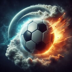 Fototapeta premium a photo realistic soccer ball as a planet in space with smoke and explosions, digital art