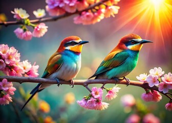 Springtime Birds on Blooming Branch - Vibrant Nature Photography