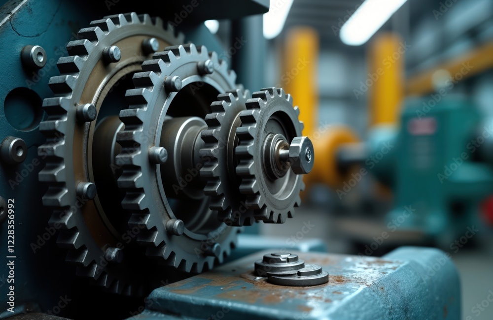 Poster industrial machine with complex gears, metal parts. gears interlocked to power metal piece. precisio