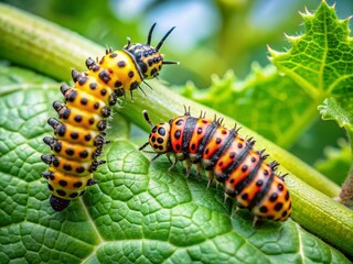 Fototapeta premium Squash Beetle Larvae on Bitter Gourd - Natural Insecticide Concept