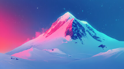 Snowy mountain with a vibrant aurora lighting the sky. Solar Fjord. Illustration