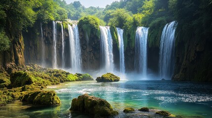 Obraz premium Lush Waterfall Cascade in Green Forest