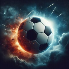 Naklejka premium a photo realistic soccer ball as a planet in space with smoke and explosions, digital art