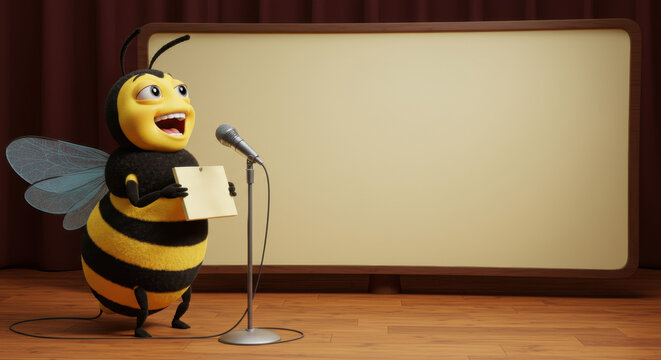 Cheerful animated bee presenting at a stage with a blank screen backdrop